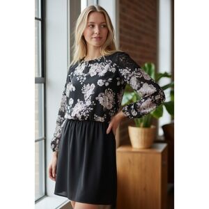 Black Floral Long Sleeve Dress Dark Romantic Feminine Cottagecore Poet Size 8